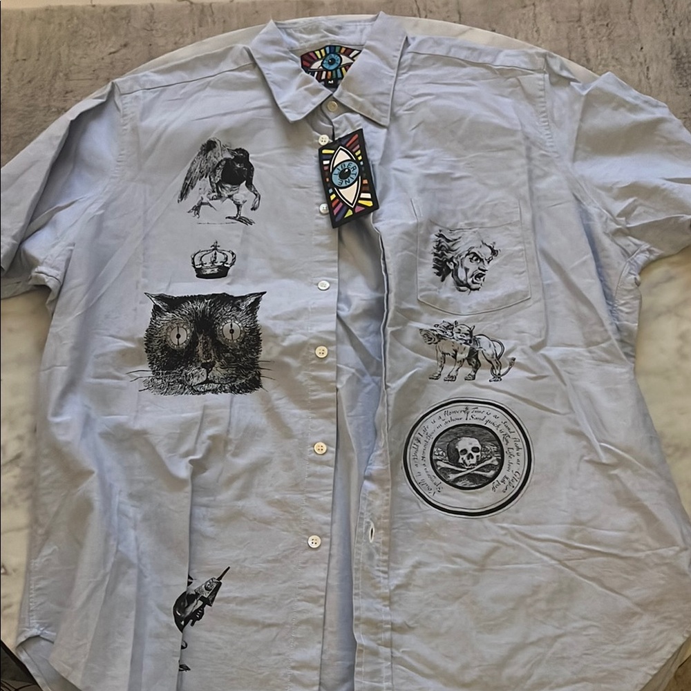 Blue Casual Button Down Shirt with Graphic Designs
